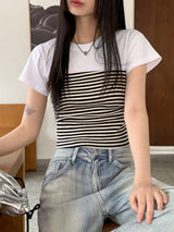 ジーストライプシャーリングチューブトップセットオールインワンクロップ半袖Tシャツ