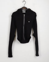 Mund shoulder sleeve slits cutout warmer ribbed hood zip-up