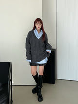 ウールVネックツイストニット/Wool V-neck Twist Knit (3color)
