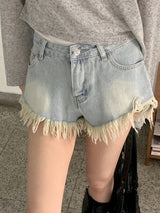 フリンジアンバランスデニムショートパンツ / Kaichi Fringe Unbalanced Light Blue Denim Shorts Pants