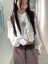 アイレットショルダースリットプリントクロップドロングスリーブフーディTシャツ