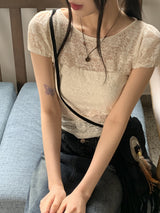 レイヤードシースルーレースパフ半袖Tシャツ/Poel layered see-through lace puff short sleeve T-shirt