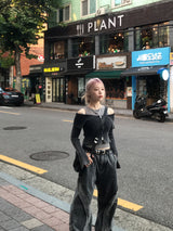 grunge washing off-shoulder crop two-way zip-up