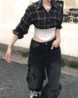ビンテージヒップホップチェッカードクロップシャツ