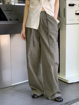 リウーストリングビッグポケットコットンロングワイドパンツ / Riwoo  String Big Pocket Cotton Long Wide Pants