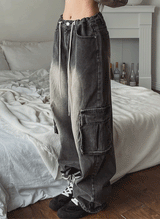 ストッパーウォッシングワイドカーゴデニムパンツ