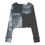NAVY TIE-DYE BLOCK MIX CROP LONG SLEEVES T-SHIRT
