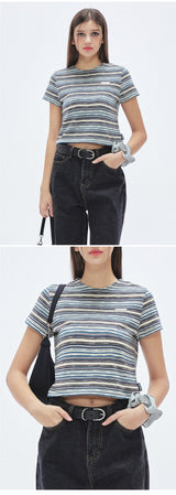 ストライプ 半袖 Tシャツ・カットソー/Summer Knit Stripe Crop Top [2カラー]