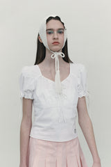 RIBBON SHIRRING SHORT SLEEVE BLOUSE [WHITE]