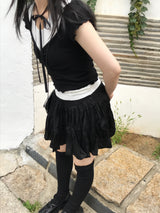 romantic lovely ribbon choker frill ribbed T-shirt