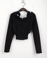 Tempt off-shoulder cut line ribbed crop zip-up