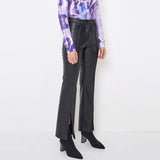 Faux-Leather Slit Trousers _ Black