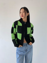 グリーンチェックニットジップアップ/green check knit zip-up