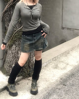 vintage layered unbalanced cargo denim pantskirt