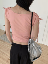ショルダースリットリボンストラップクロップ半袖Tシャツ/Tino shoulder slit ribbon strap crop short sleeve T-shirt