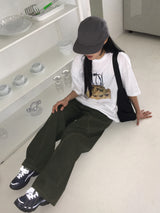 Nezen ステッチカラーコンビネーションカットワイドコットンパンツ