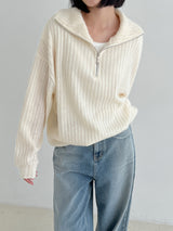 リブハーフジップアップニット/Ribbed Half Zip Up Knit (4color)