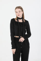 Square Neck Fur Knit T-shirt Muffler Set Black