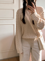 [S-L] Vネックケーブルコットンニット (11color)