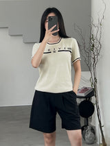 プリヴェバーロゴニッティドクロップドTシャツ / PRIVÉ BAR LOGO KNITTED CROPPED T-SHIRT - CREAM