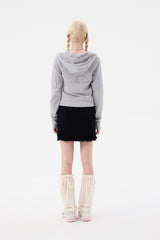 (X) WITTY BUNNY SPLIT GRAPHIC CROP HOODIE ZIP UP [MELANGE GRAY]