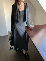 Charcoal hooded zip-up one-piece set