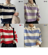 ストライプボタンカラーニットウェア/Color stripe button collar knitwear