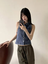 ユロンカラーラインデニムホルターシャツノースリーブ / Yureon Collar Line Denim Halter Shirt Sleeveless