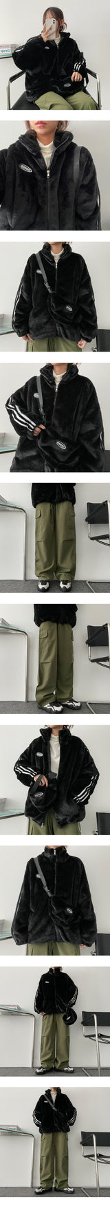 [Bag Set] Quilted Lining Tap Line Fur Zip-Up Jumper