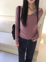 Gtel Vintage Striped Deep U-Neck Long Sleeve T-Shirt