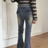 Kimun Y2K crack washed gold embroidery long bootcut denim pants