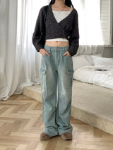 Halo pintuck shirring pocket cargo denim pants