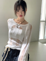ジュープボートネックダメージサマー長袖ニット / Jupe boat neck damage summer long sleeve knit
