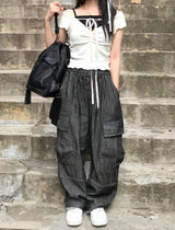 linen denim big pocket balloon cargo pants