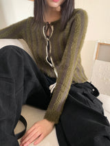 Chinco Green Striped Strap Crop Long Sleeve Cardigan