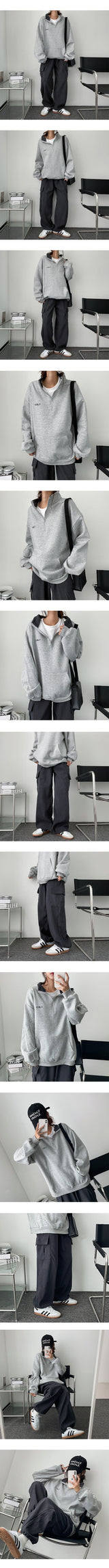 Fleece-Lining Clean Embroidery Color Half Zip-Up Sweatshirt