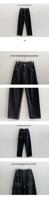 [fleece] straight side belt stitch black denim pants