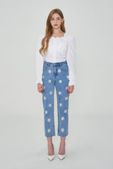 ストレートフィットフラワー刺繍デニムパンツ/IZ*ONE CHEWON, LOVELYZ KEI, ROCKET PUNCH YEONHEE WORN STRAIGHT FIT FLOWER EMBROIDERY DENIM PANTS [6663]