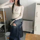Tiso Damage Back-Banding Washed Denim Long Wide Pants