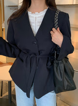 [Tie set] Oversized Collarless Jacket Belt Jacket Loose Fit V-Neck Seasonal Switch Spring Outerwear