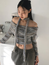 [Muffler set] Mikel Bokashi off-shoulder angora knit