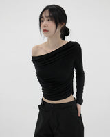 2ウェイボートネックシャーリングTシャツ / Two-way boat neck shirring t-shirt (2color)
