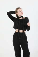 Square Neck Fur Knit T-shirt Muffler Set Black