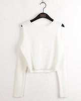 Codill V-neck Coloring Shoulder Slit Cropped Long-Sleeved Knitwear