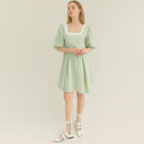 カラーウェイスクエアネックパフドレス / Colourway Square Neck Puff Dress (Mint)