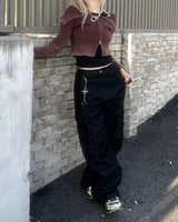 grunge washing off-shoulder crop two-way zip-up