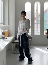 デューパーステッチカラーマッチングロープベルトロングワイドデニムパンツ / Duper stitch color matching rope belt long wide denim pants