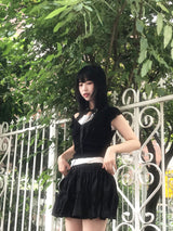 romantic lovely ribbon choker frill ribbed T-shirt
