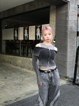 grunge washing off-shoulder crop two-way zip-up