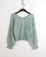 High knee ribbed V-neck semi-crop long-sleeve knit